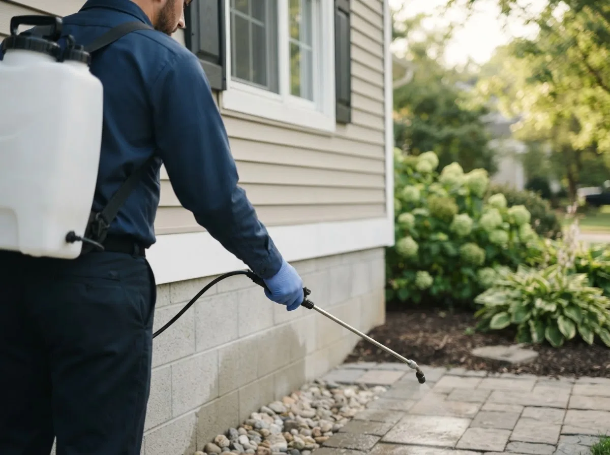 Pest control technician inspecting a home in Adrian, TX